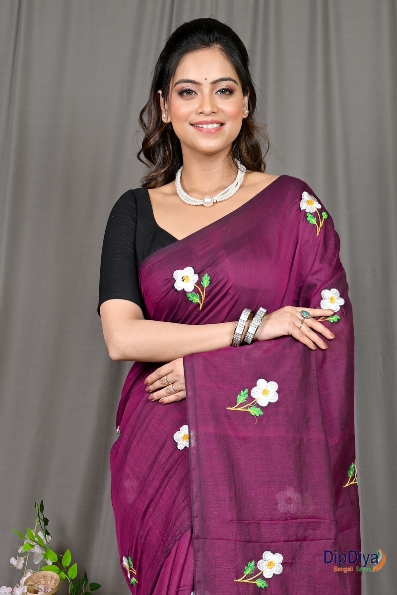 Violet Pure Cotton Paray Embroidery Handloom saree (299)